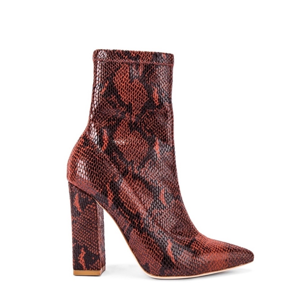 RAYE‎ Snakeskin Embossed Block Heel Pointed Toe Ankle Boots Rust Brown 7